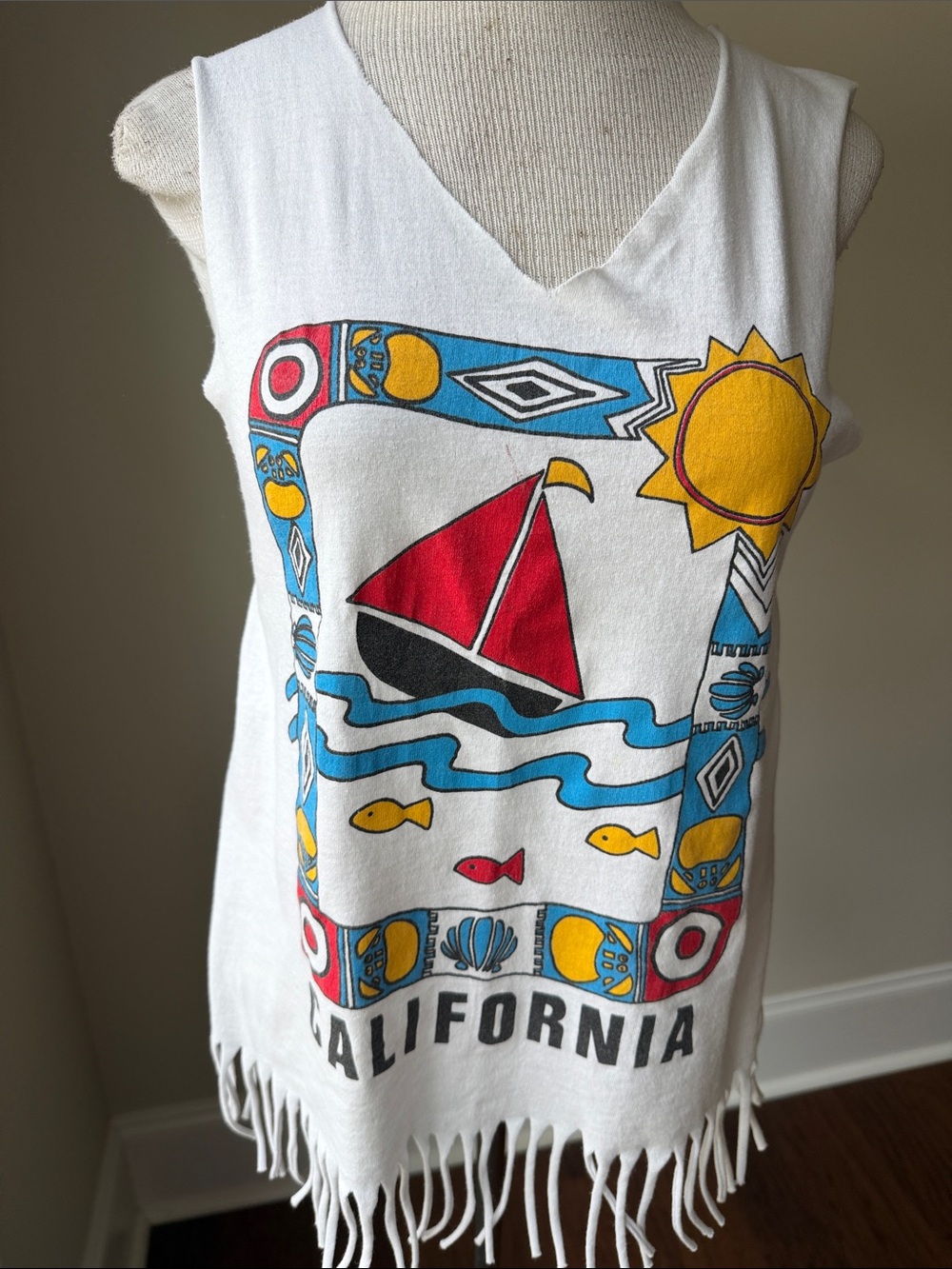 Hand Crafted White Tank with Red Sailboat and Yellow Sun Graphic